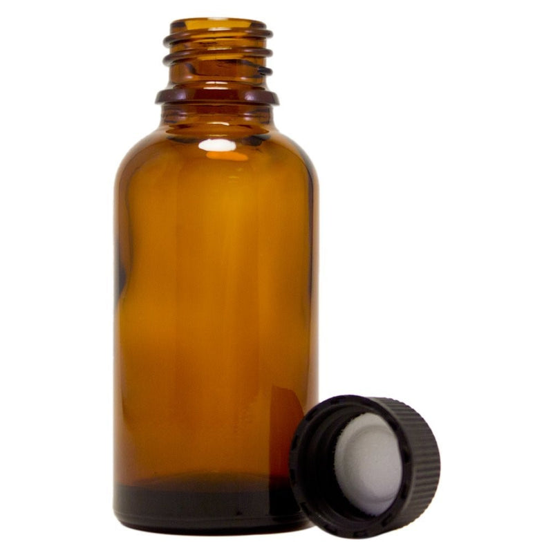 (Pack of 4) - 1oz Amber Glass Bottles for Essential Oils - Mini Boston Round Bottles with Lids - Black Plastic Cap