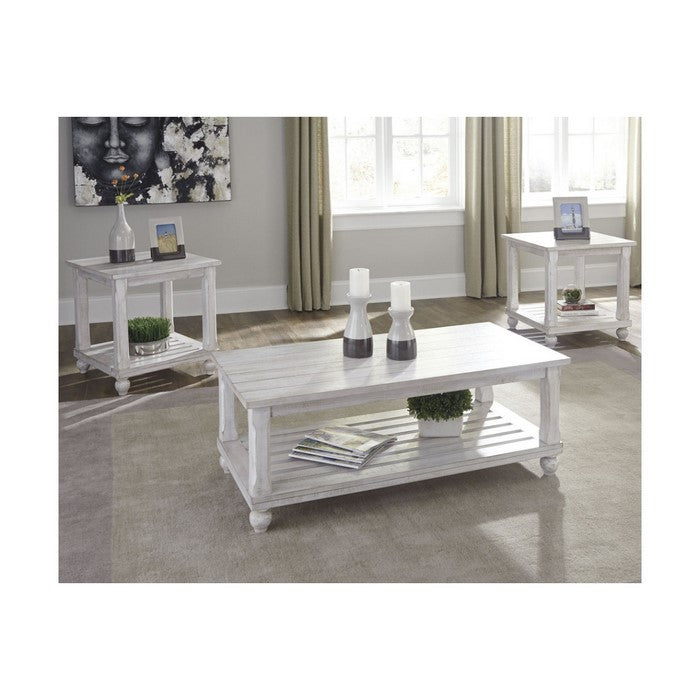 Plank Style Wooden Table Set with Slatted Lower Shelf and Bun Feet, Set of Three, White
