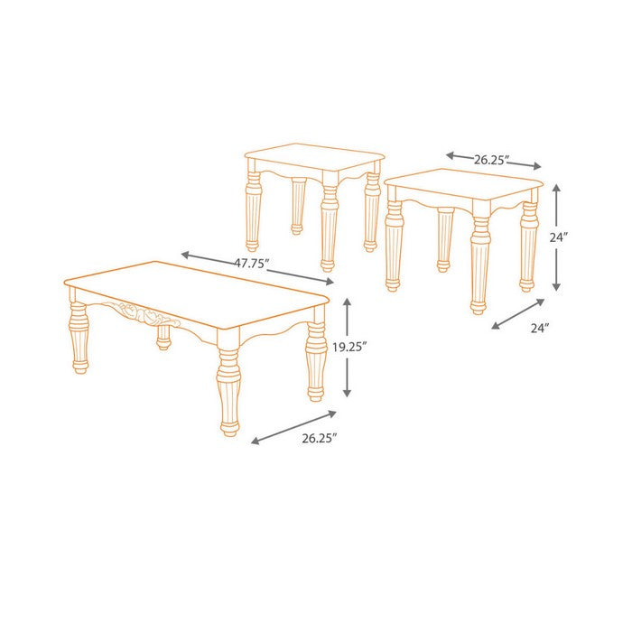 Traditional Style Wooden Table Set with Turned Legs and Faux Marble Top, Set of Three, Dark Brown