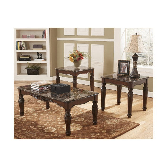 Traditional Style Wooden Table Set with Turned Legs and Faux Marble Top, Set of Three, Dark Brown