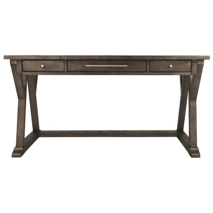 Three Drawer Wooden Desk with Cross Brace Stretcher and Faux Bluestone Top, Gray