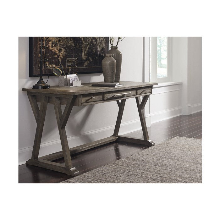 Three Drawer Wooden Desk with Cross Brace Stretcher and Faux Bluestone Top, Gray