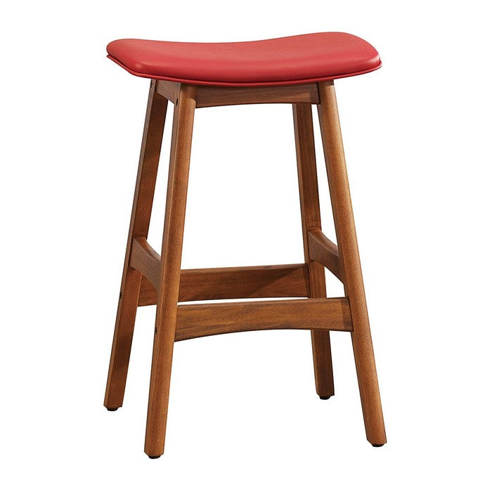 Leatherette Wooden Counter Stool with Saddle Seat, Set of 2, Red and Brown