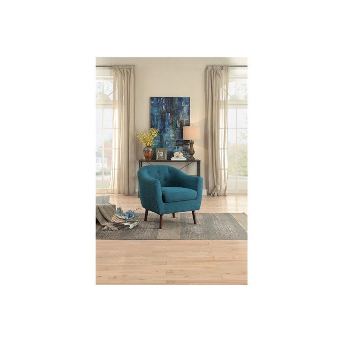 Contemporary Button Tufted Polyester Upholstered Wooden Accent Chair with Curved Back, Blue