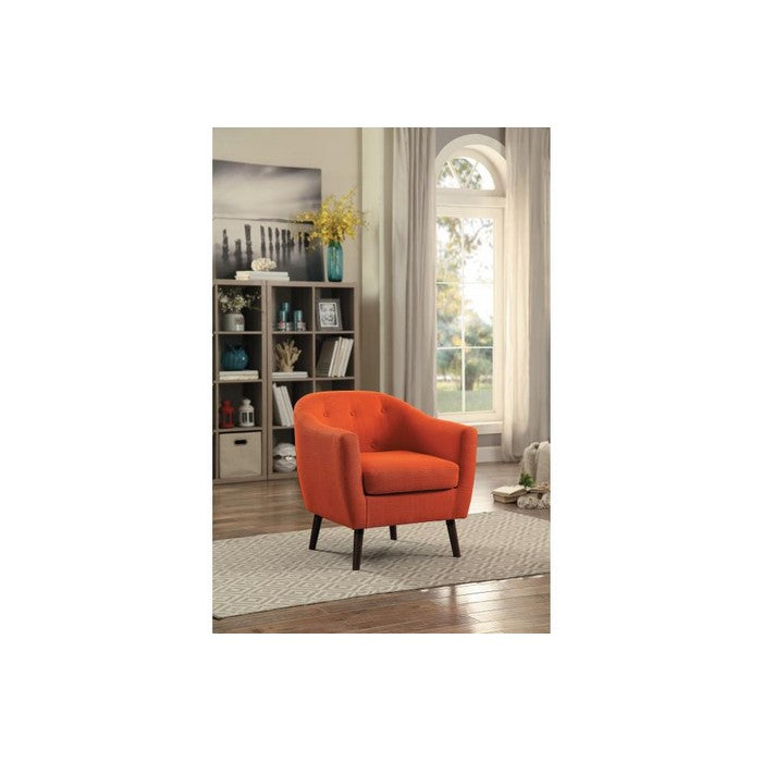 Contemporary Button Tufted Polyester Upholstered Wooden Accent Chair with Splayed Legs, Orange