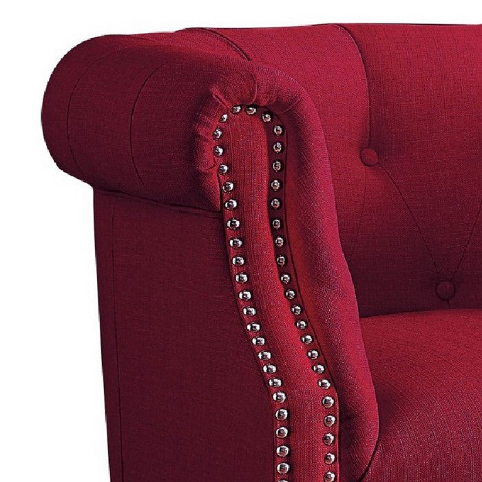 Transitional Polyester Upholstered Button Tufted Accent Chair with Nail Head Trim, Red