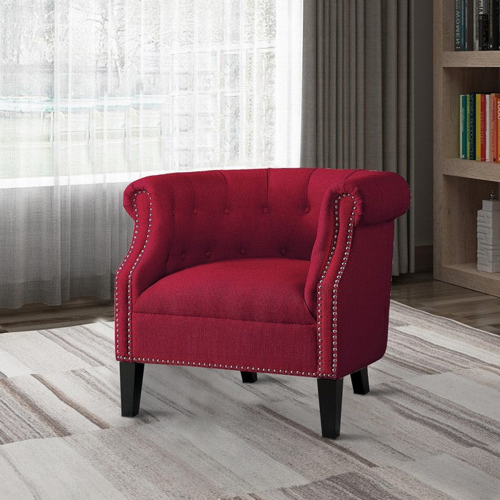 Transitional Polyester Upholstered Button Tufted Accent Chair with Nail Head Trim, Red