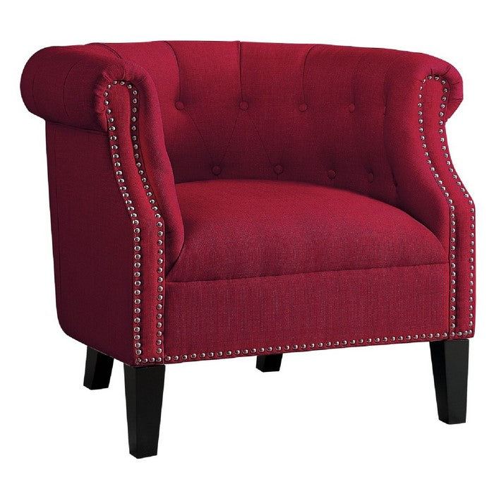 Transitional Polyester Upholstered Button Tufted Accent Chair with Nail Head Trim, Red