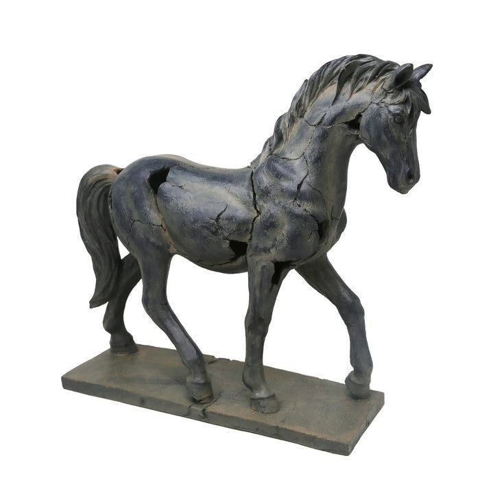 Polyresin Cracked Horse Sculpture On Rectangular Base, Washed Brown
