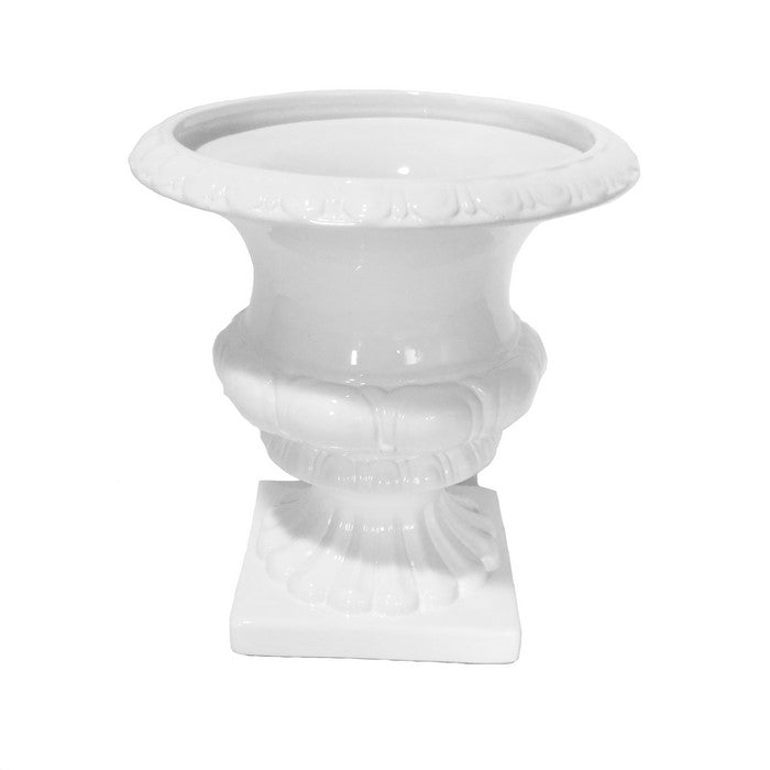 decorative Footed Ceramic Urn with Intricately Carved Design, Small, White