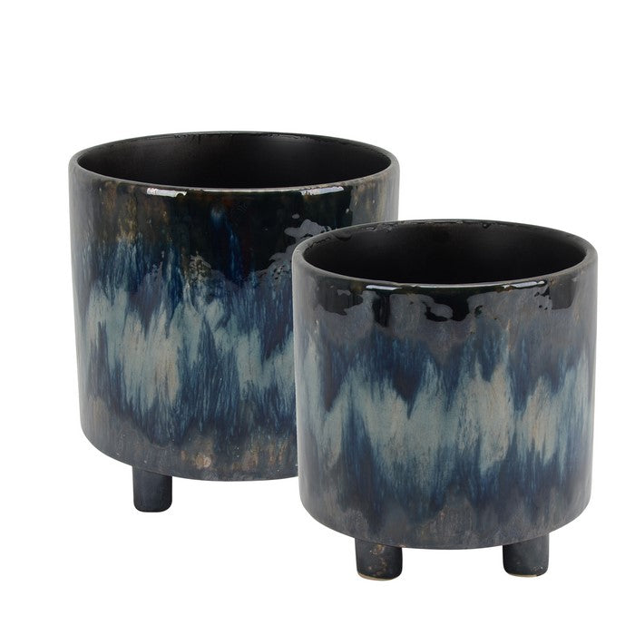Contemporary Style Ceramic Footed Planters with Cylindrical Shape, Multicolor, Set of Two