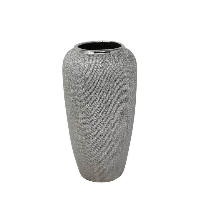 decorative Tapered Ceramic Vase with Textured Pattern, Silver