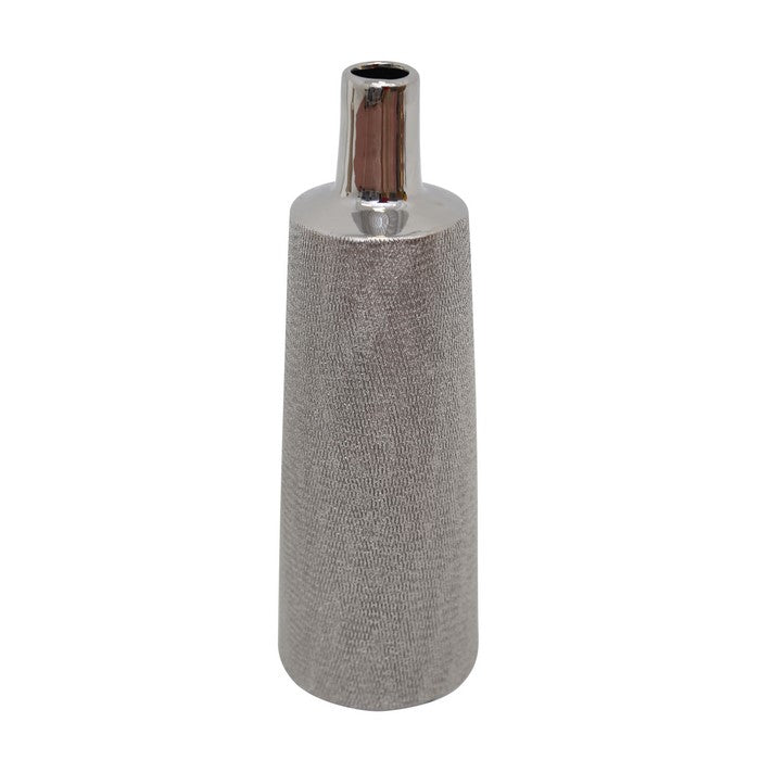 decorative Bottle Shaped Ceramic Vase with Textured Pattern, Silver