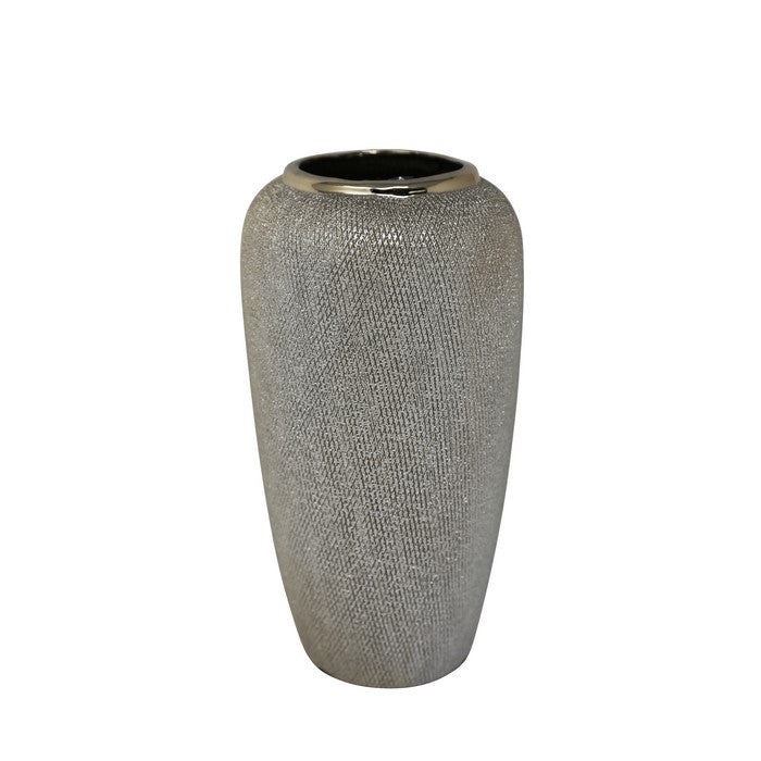 decorative Tapered Ceramic Vase with Textured Pattern, Champagne Silver
