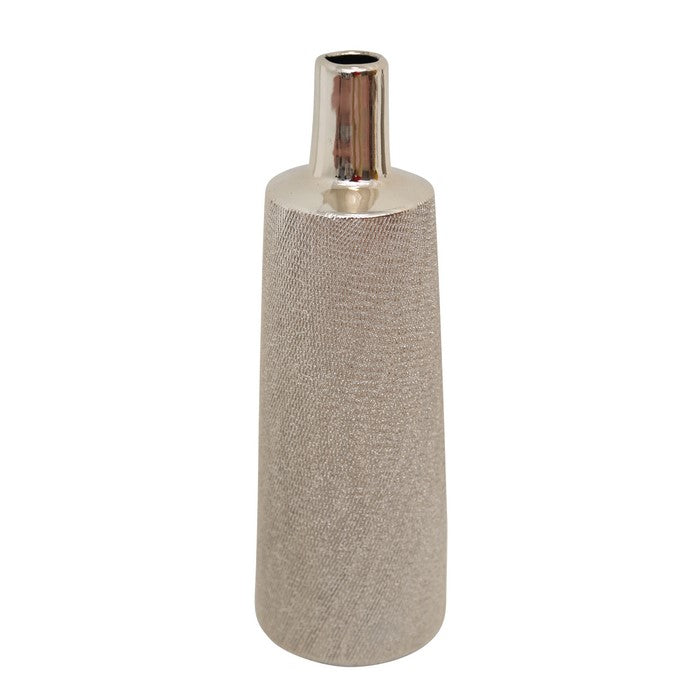 decorative Bottle Shaped Ceramic Vase with Textured Pattern, Champagne Silver