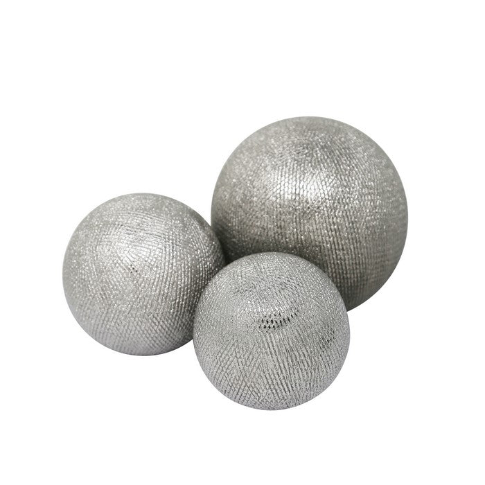 decorative Ceramic Orbs with Textured Design, Silver, Set of Three