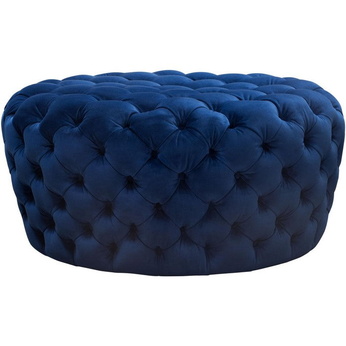 Velvet Upholstered Button Tufted Round Accent Ottoman, Blue