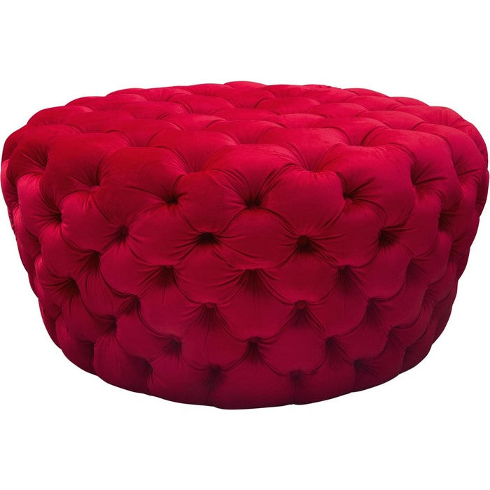 Velvet Upholstered Button Tufted Round Accent Ottoman, Red