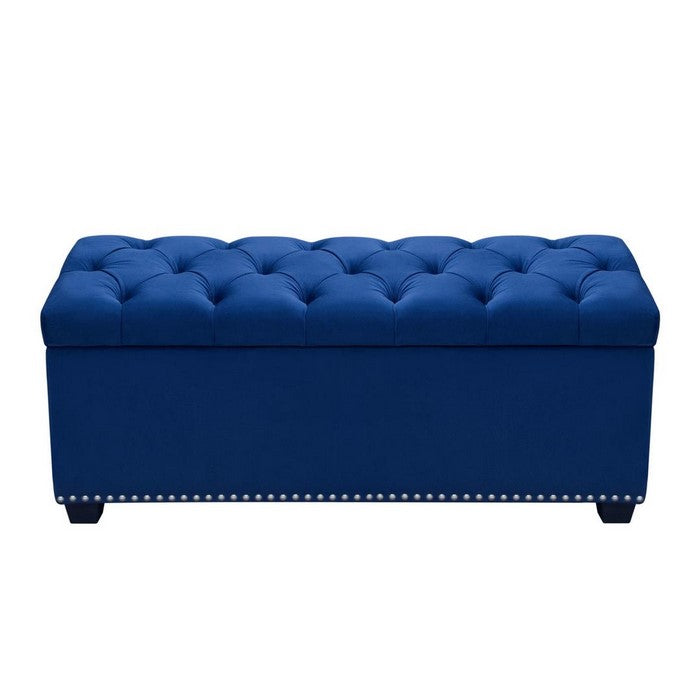 Velvet Upholstered Button Tufted Trunk with Lift Top Storage and Nail head Accent Trim, Blue