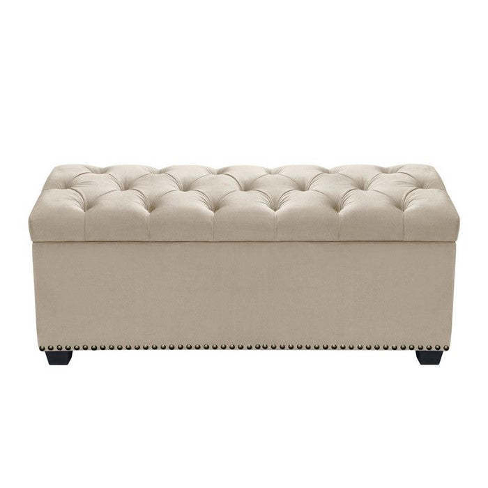 Velvet Upholstered Button Tufted Trunk with Lift Top Storage and Nail head Accent Trim, Beige