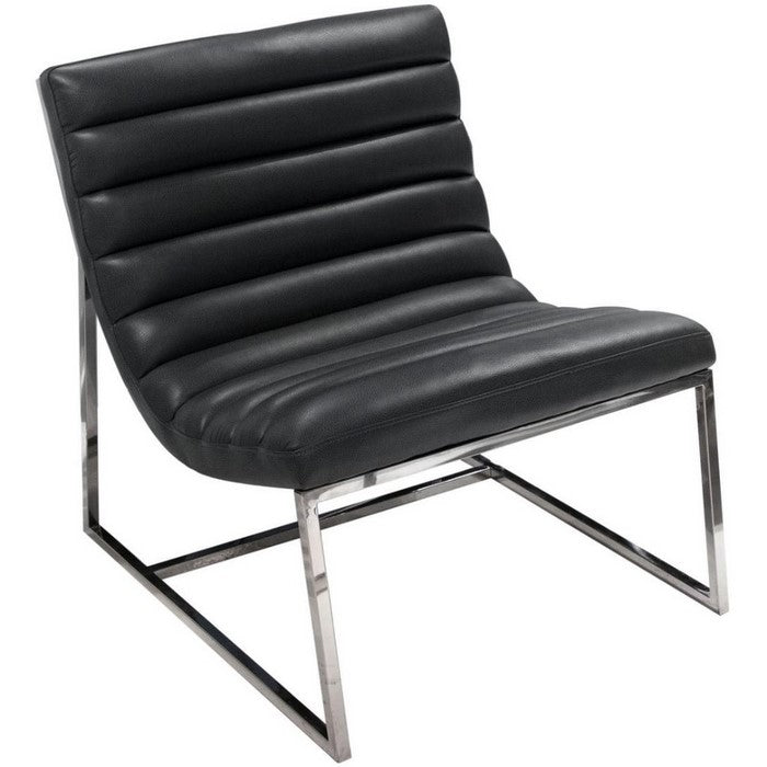 Leather Upholstered Lounge Chair with Channel Tufting Details  and Steel Frame, Black  and Silver