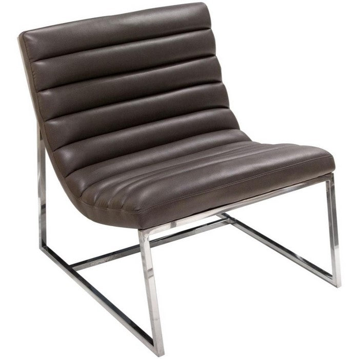 Leather Upholstered Lounge Chair with Channel Tufting Details  and Steel Frame, Brown  and Silver
