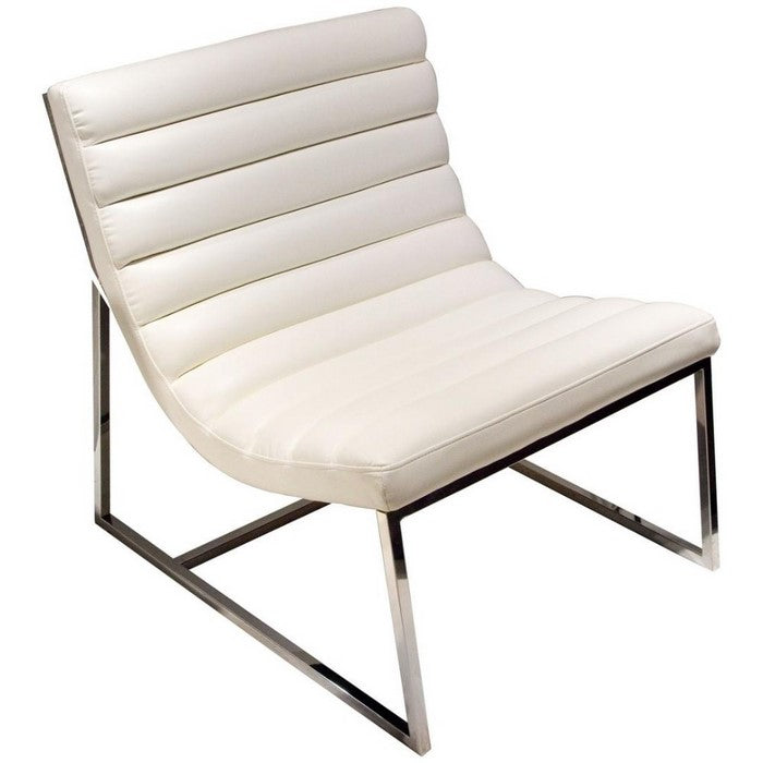 Leather Upholstered Lounge Chair with Channel Tufting Details  and Steel Frame, White  and Silver