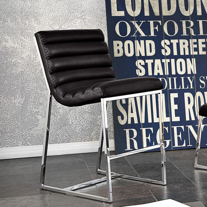 Leatherette Counter Height Chair with Channel Tufting Details  and Metal Frame, Black  and Silver