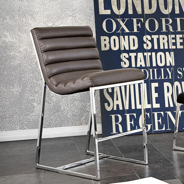 Leatherette Counter Height Chair with Channel Tufting Details  and Metal Frame, Gray  and Silver