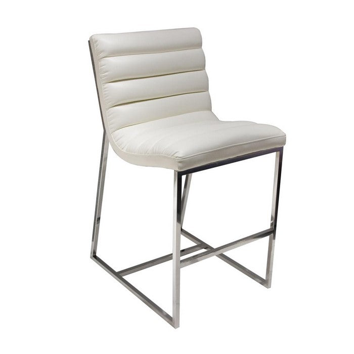 Leatherette Counter Height Chair with Channel Tufting Details  and Metal Frame, White  and Silver