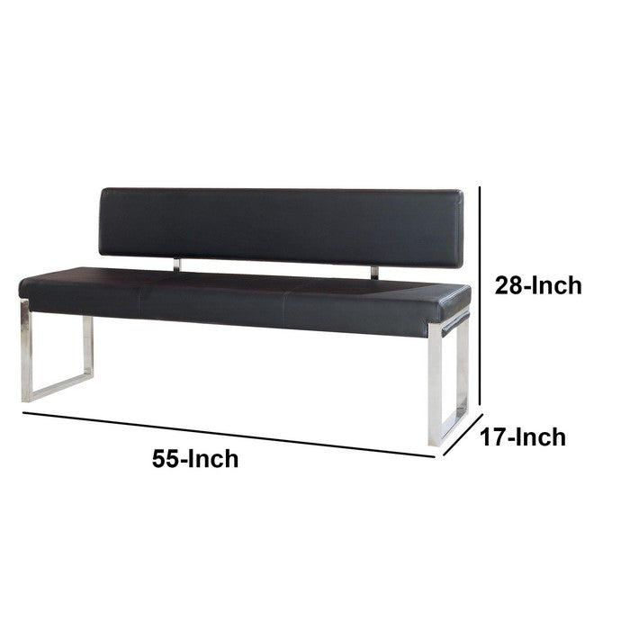 Bonded Leather Upholstered Bench with Stainless Steel Frame, Black  and Silver