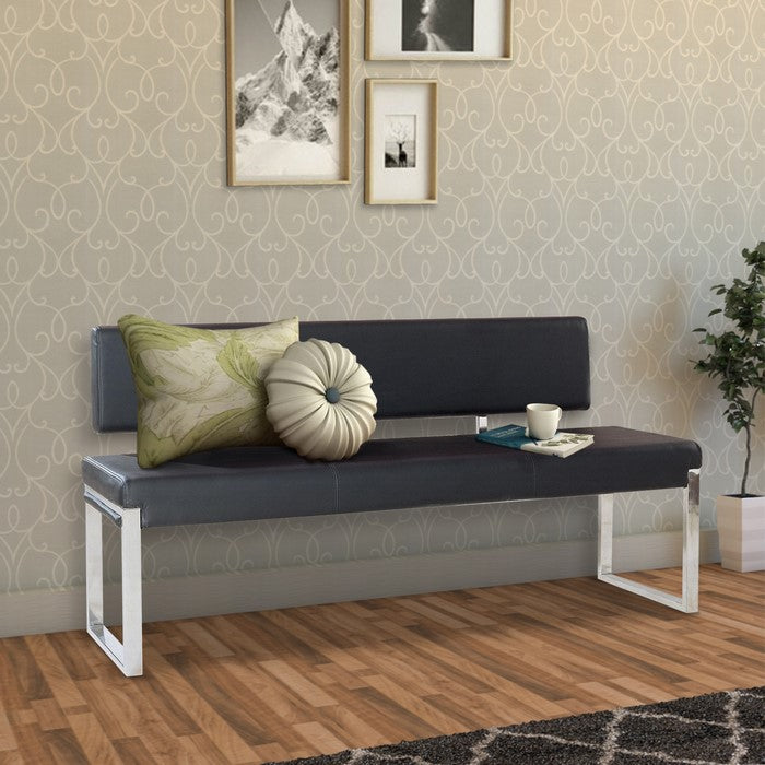 Bonded Leather Upholstered Bench with Stainless Steel Frame, Black  and Silver