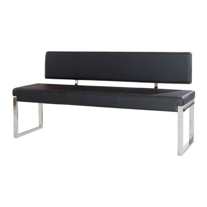 Bonded Leather Upholstered Bench with Stainless Steel Frame, Black  and Silver