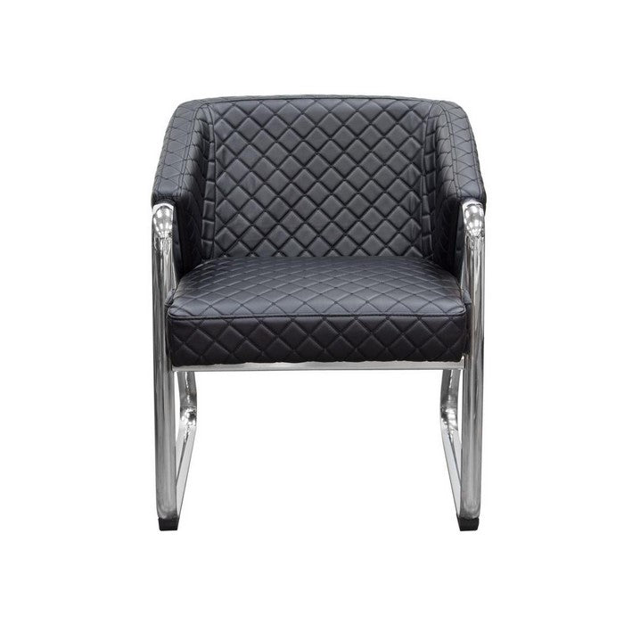 Leatherette Accent Chair with Quilted Seat and Tabular Stainless Steel Frame, Black and Silver