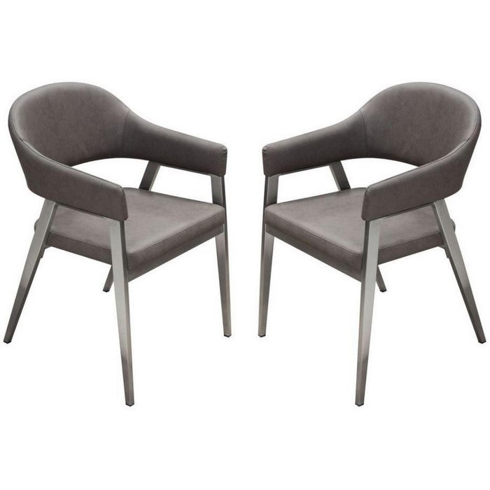 Leatherette Accent Chair with Stainless Steel Tapered Feet, Gray and Silver, Pack of Two