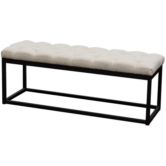 Linen Upholstered Metal Contemporary Bench with Diamond Tuft Details, Beige and Black