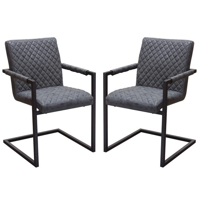 Diamond Tufted Leatherette Dining Chairs with Metal Cantilever Base, Gray and Black, Pack of Two