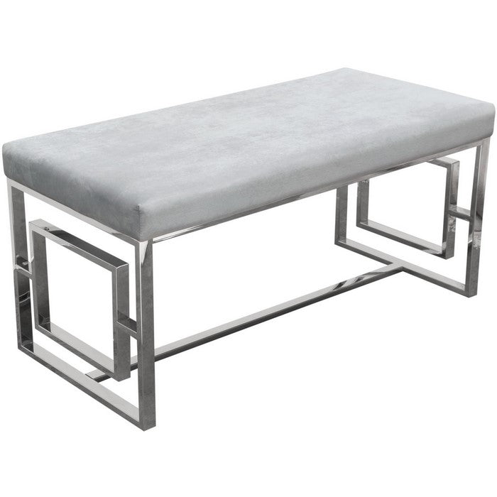Velvet Upholstered Accent Bench with Square Patterned Stainless Steel Base, Gray and Silver