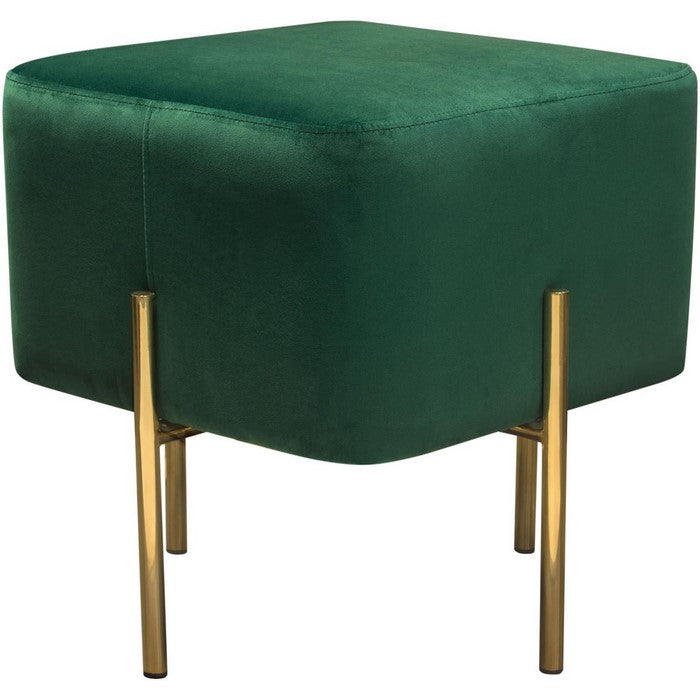 Velvet Upholstered Modern Square Accent Ottoman with Stainless Steel Frame, Emerald Green and Gold