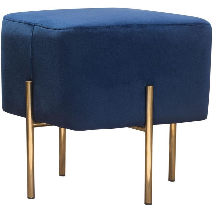 Velvet Upholstered Modern Square Accent Ottoman with Stainless Steel Frame, Blue and Gold