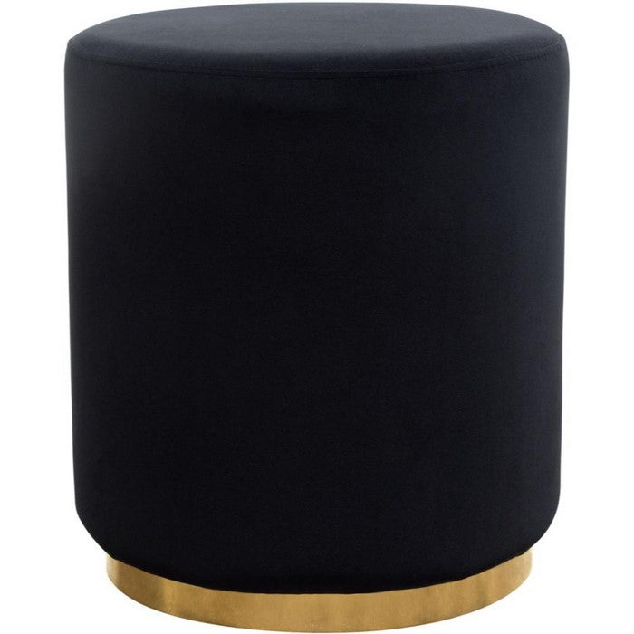 Velvet Upholstered Round Accent Ottoman with Metal Base, Black and Gold