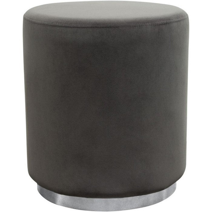 Velvet Upholstered Round Accent Ottoman with Metal Base, Gray and Chrome