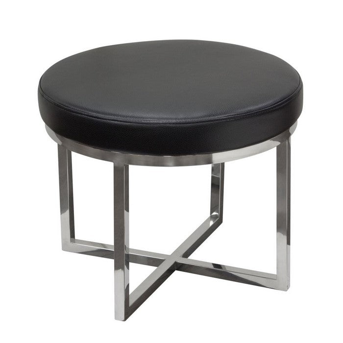 Leather Upholstered Round Accent Stool with Cross Metal Legs, Black and Chrome