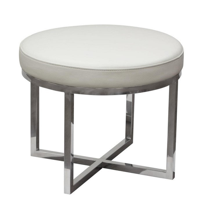Leather Upholstered Round Accent Stool with Cross Metal Legs, White and Chrome