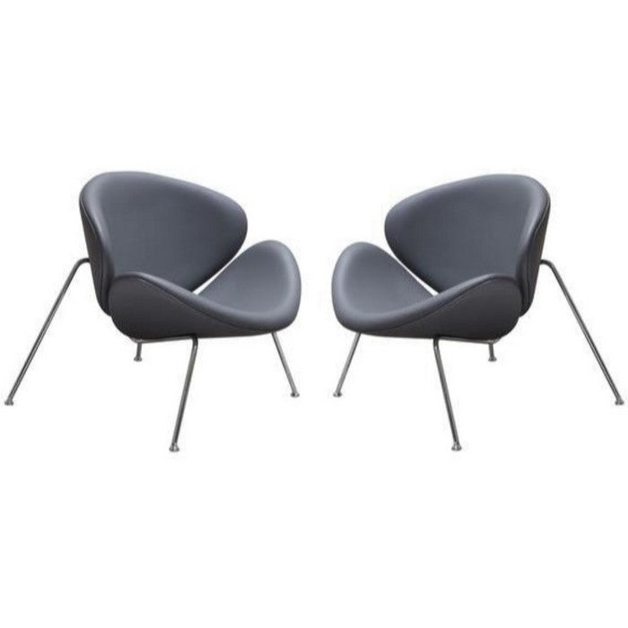 Leather Upholstered Accent Chairs with Angled Metal Legs, Set of Two, Gray and Chrome