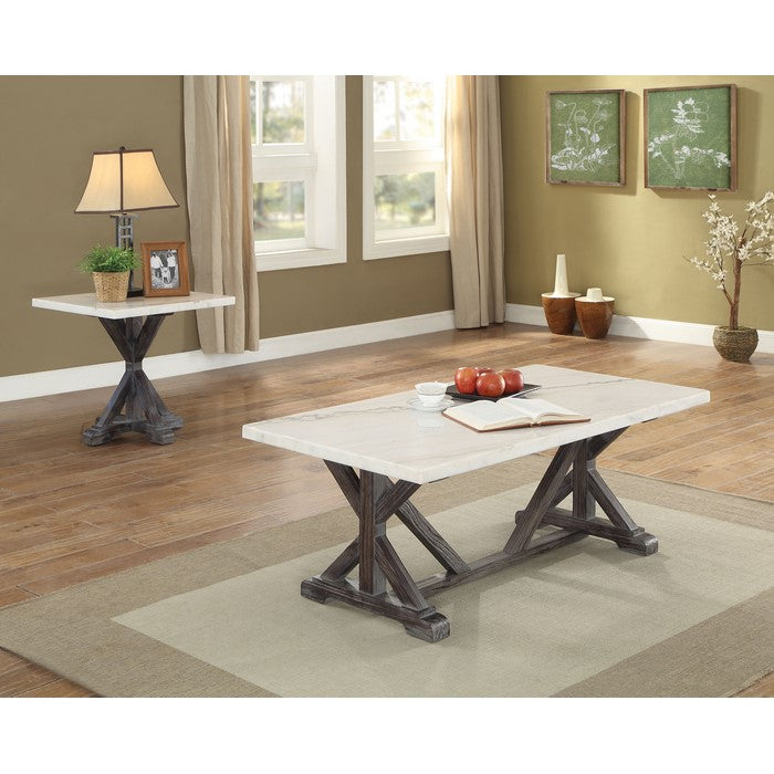 Marble Rectangle Shaped Coffee Table with Wooden Trestle Base, White and Espresso Brown