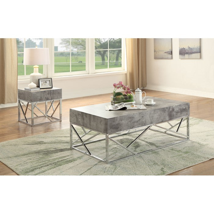 Faux Marble Coffee Table with Rectangular Top and Designer Metal Base, Silver and Gray