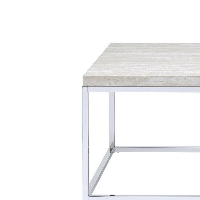 Wooden Rectangular Coffee Table with Metal Open Base, Silver