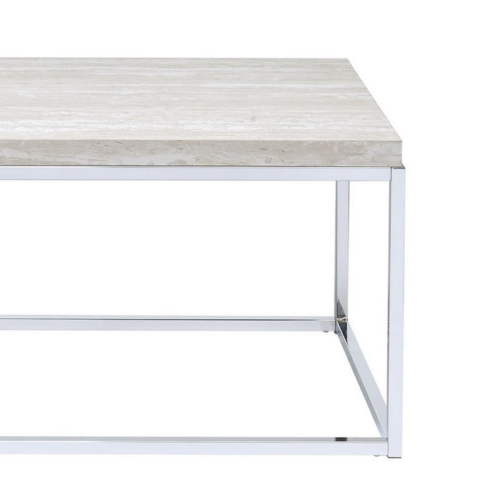 Wooden Rectangular Coffee Table with Metal Open Base, Silver