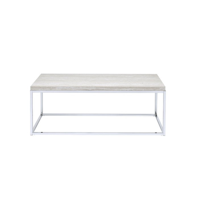 Wooden Rectangular Coffee Table with Metal Open Base, Silver